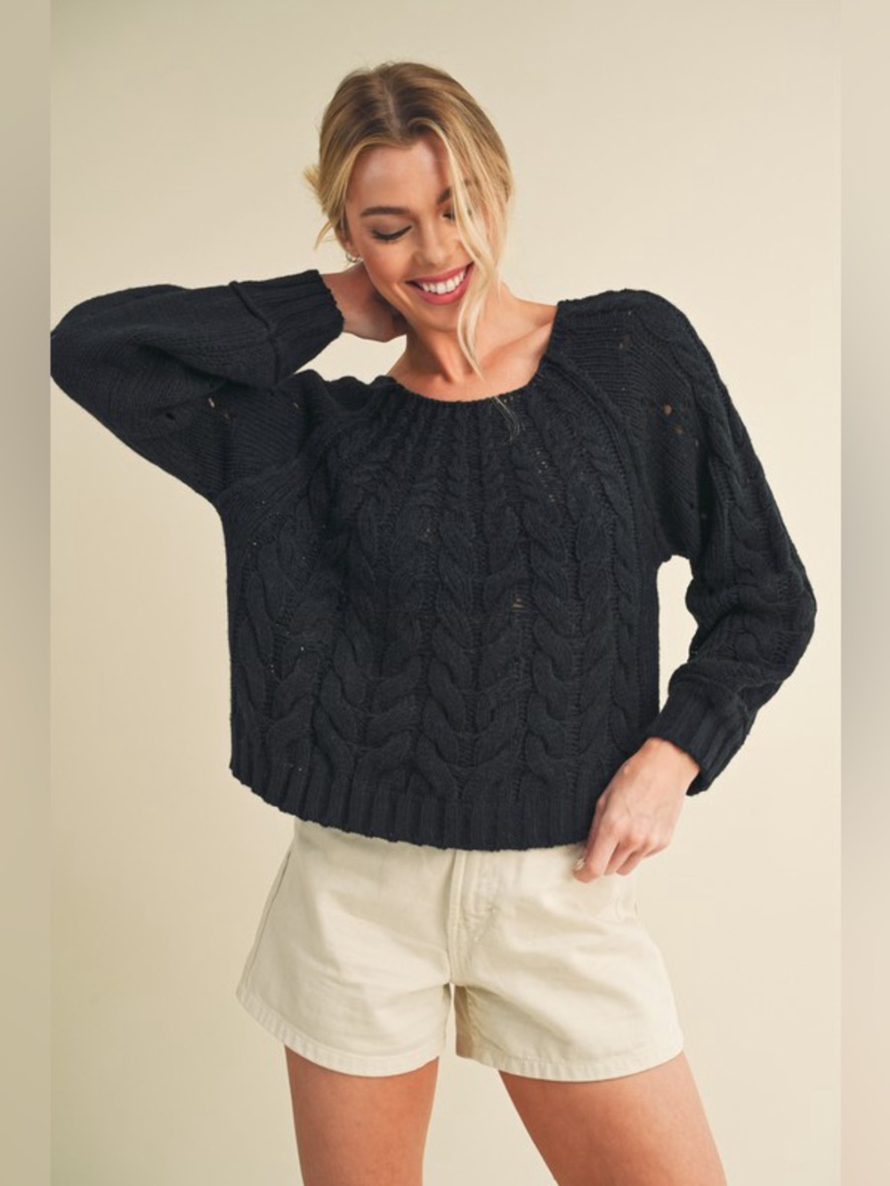 Aemi + Co Cable-Knit Openwork Round Neck Sweater
